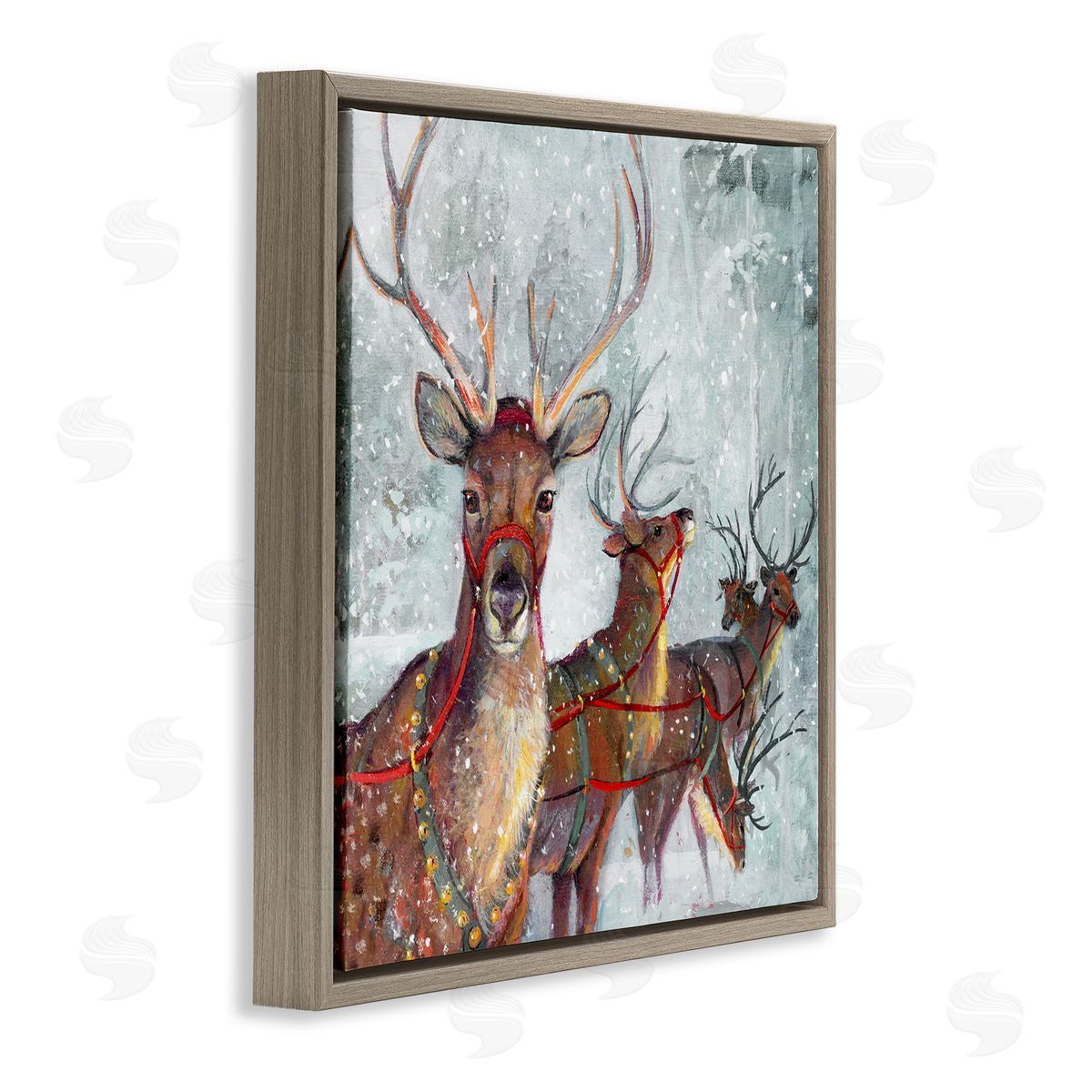 Winter Reindeer Holiday Landscape Brown Floating Frame Canvas Wall Art, Home Decor by Ruane Manning