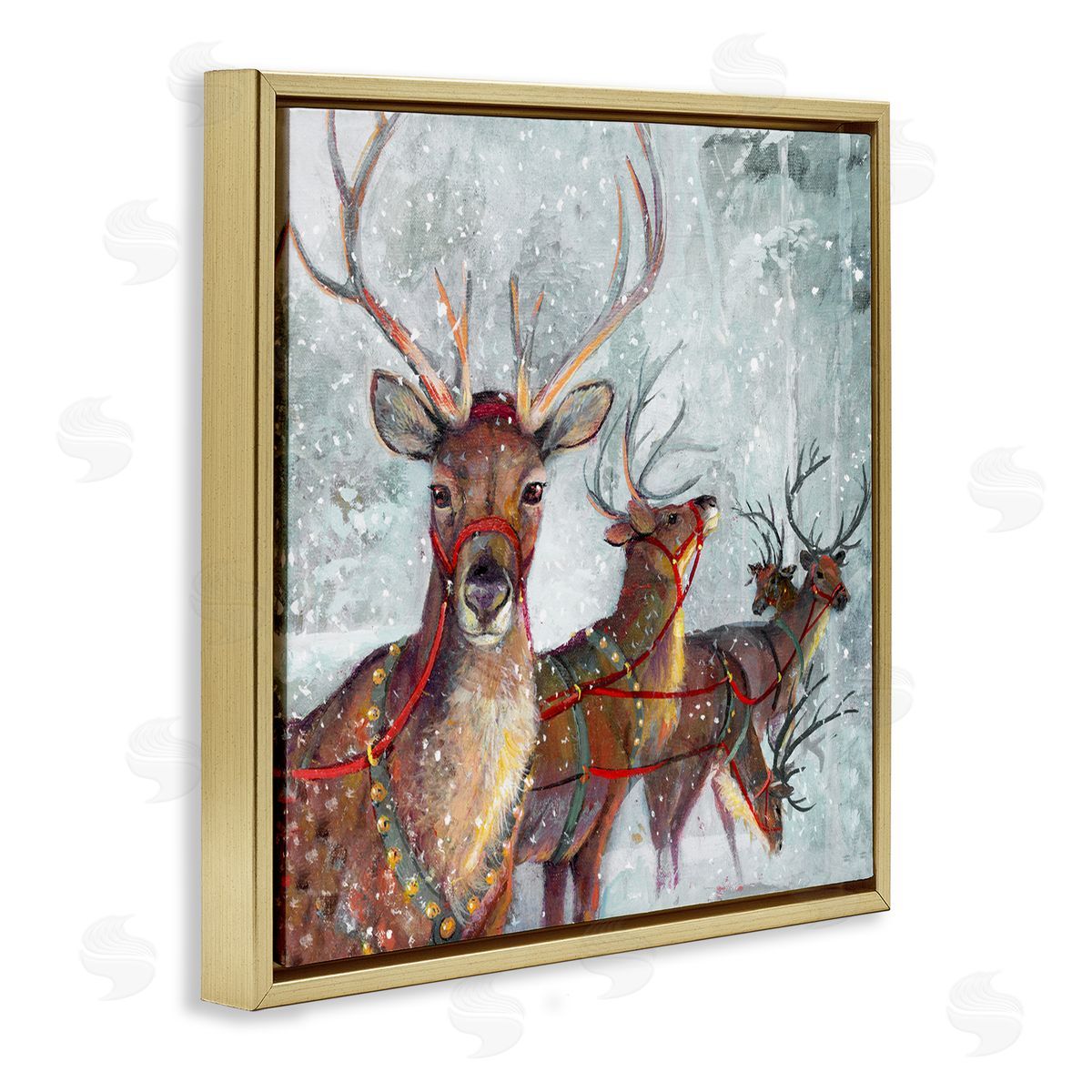 Winter Reindeer Holiday Landscape Gold Floating Frame Canvas Wall Art, Home Decor by Ruane Manning