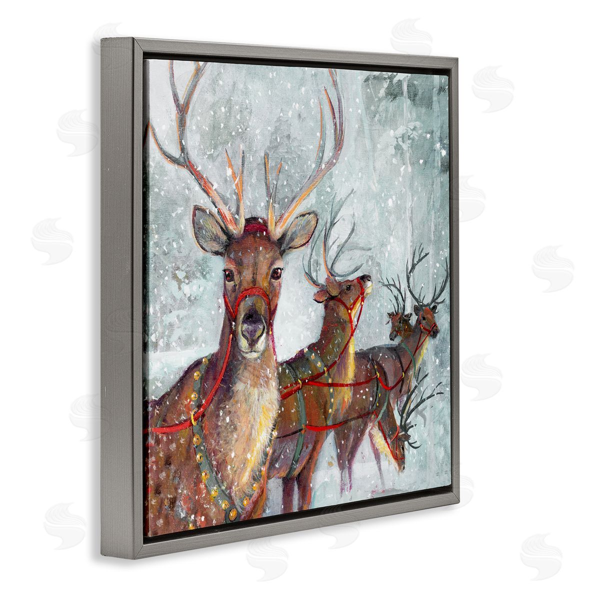 Winter Reindeer Holiday Landscape Grey Floating Frame Canvas Wall Art, Home Decor by Ruane Manning