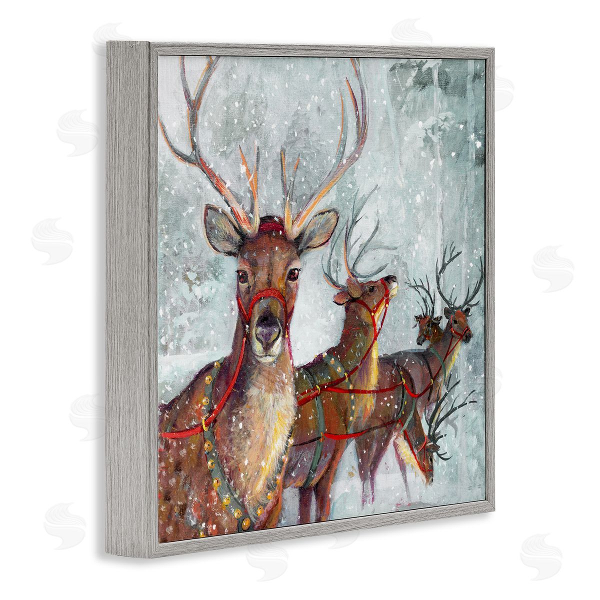 Winter Reindeer Holiday Landscape Grey Frame Print Wall Art, Home Decor by Ruane Manning