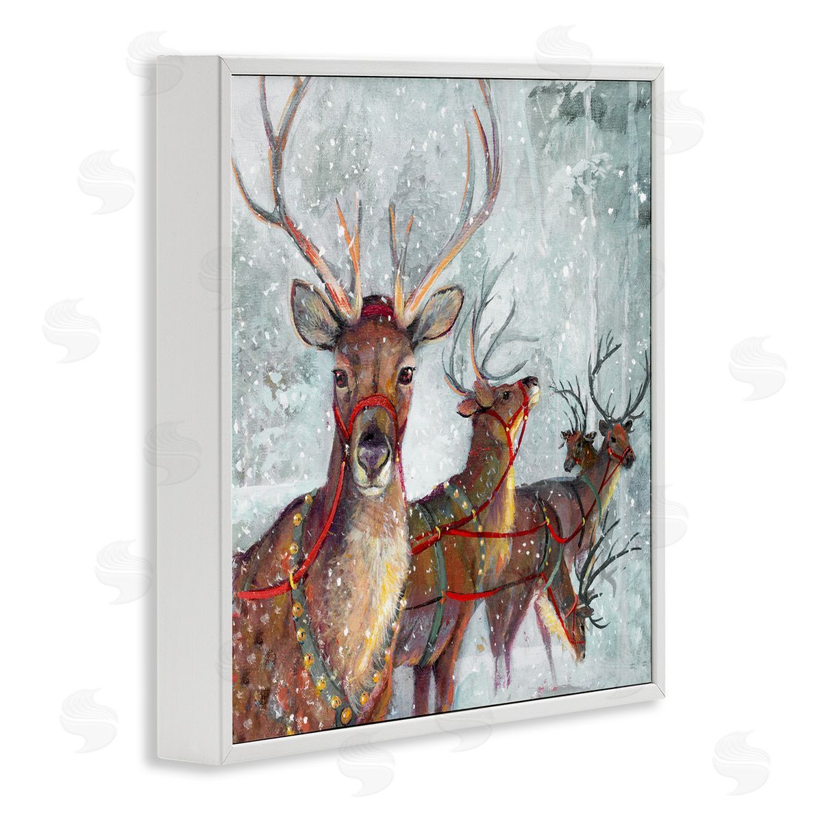 Winter Reindeer Holiday Landscape White Frame Print Wall Art, Home Decor by Ruane Manning
