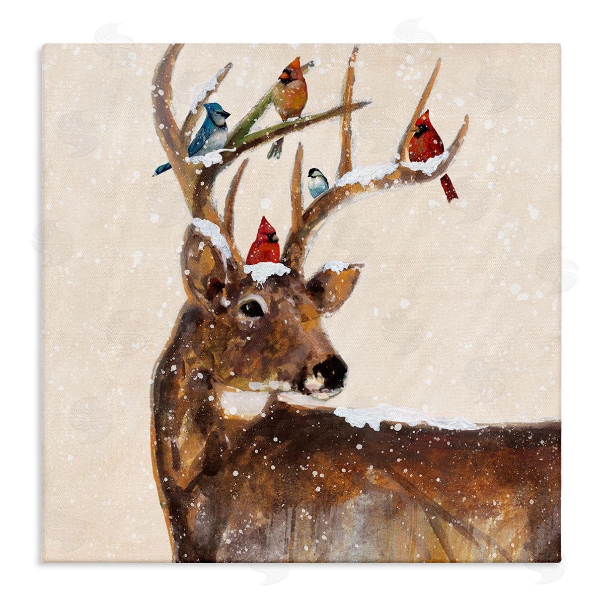 Ruane Manning Cardinals Perched Snowy Antlers Stretched Canvas Wall Art Print