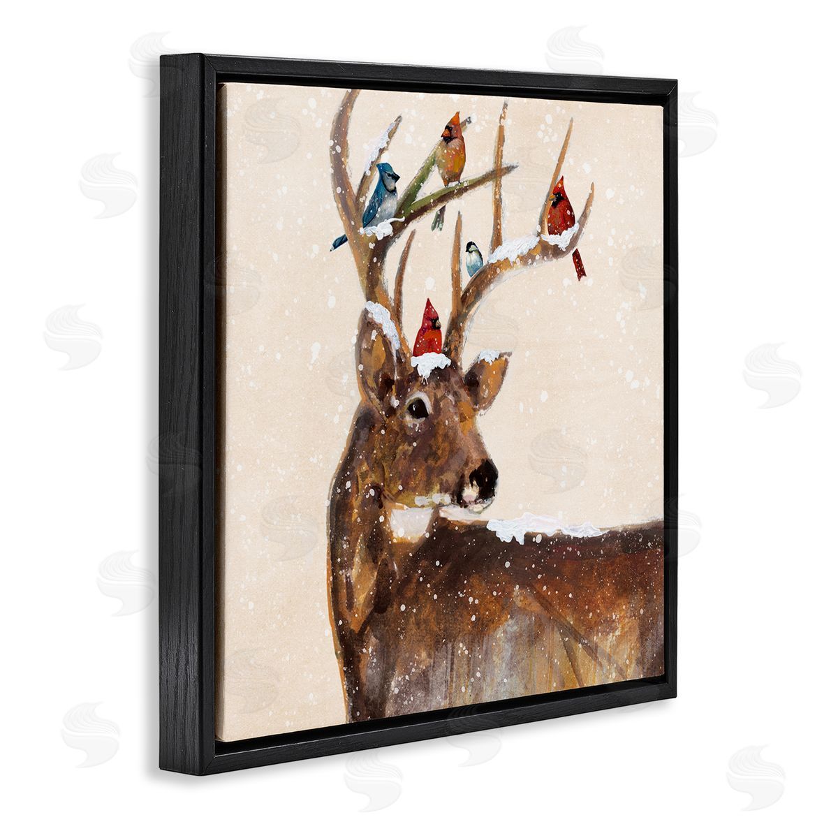 Ruane Manning Cardinals Perched Snowy Antlers Black Floating Frame Canvas Wall Art Print