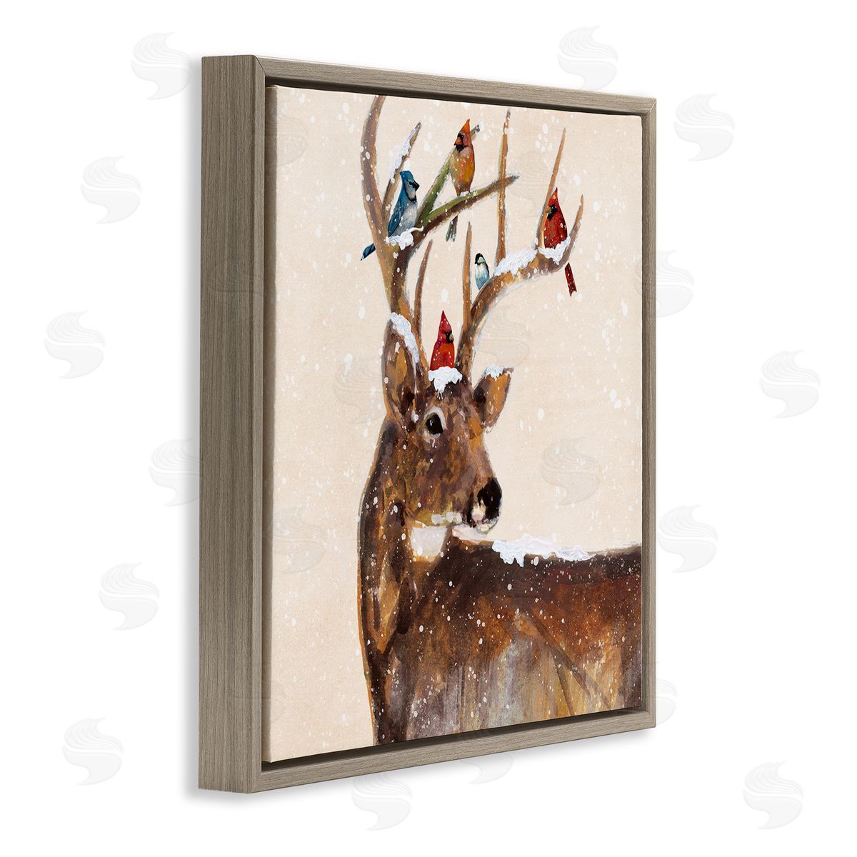 Ruane Manning Cardinals Perched Snowy Antlers Brown Floating Frame Canvas Wall Art Print