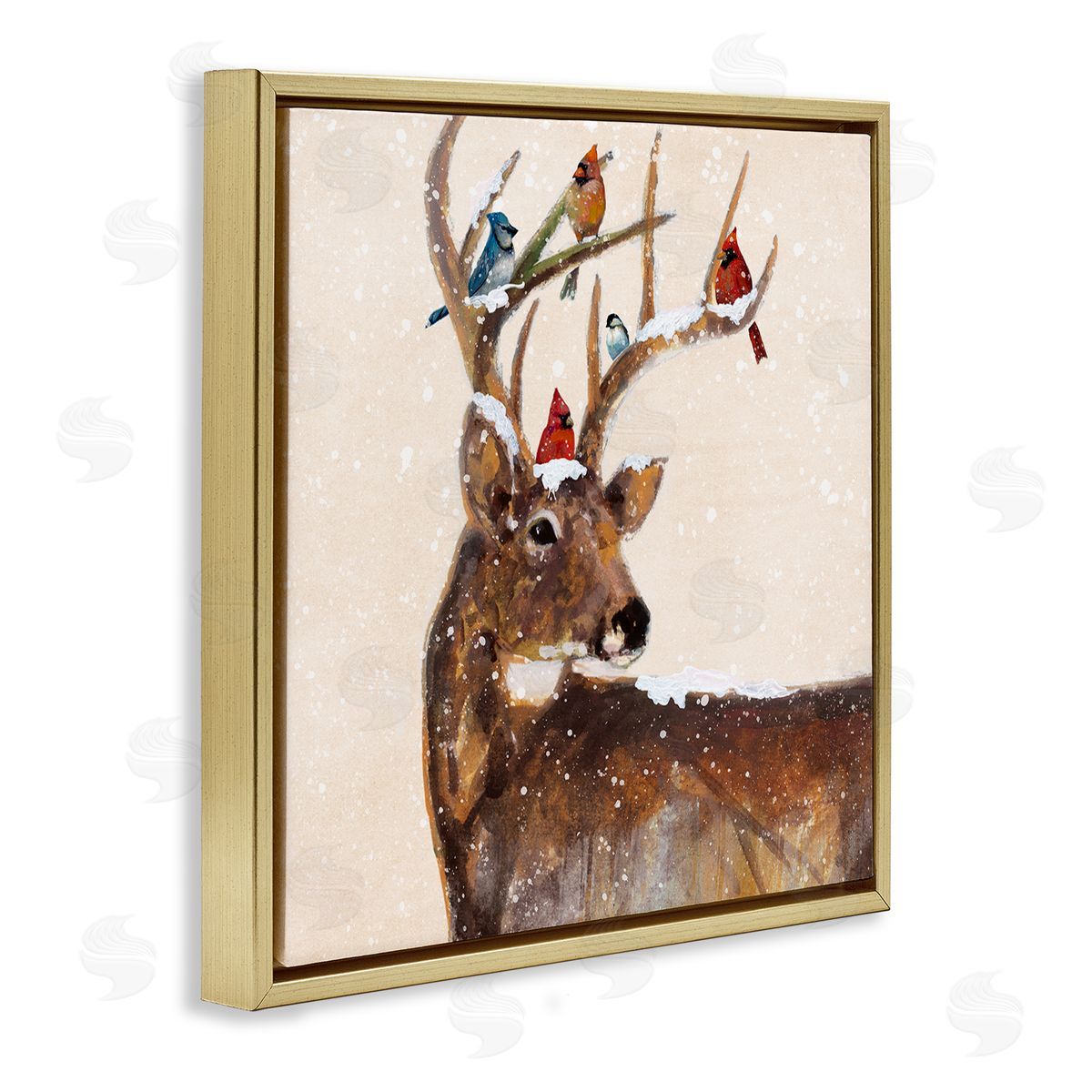 Ruane Manning Cardinals Perched Snowy Antlers Gold Floating Frame Canvas Wall Art Print