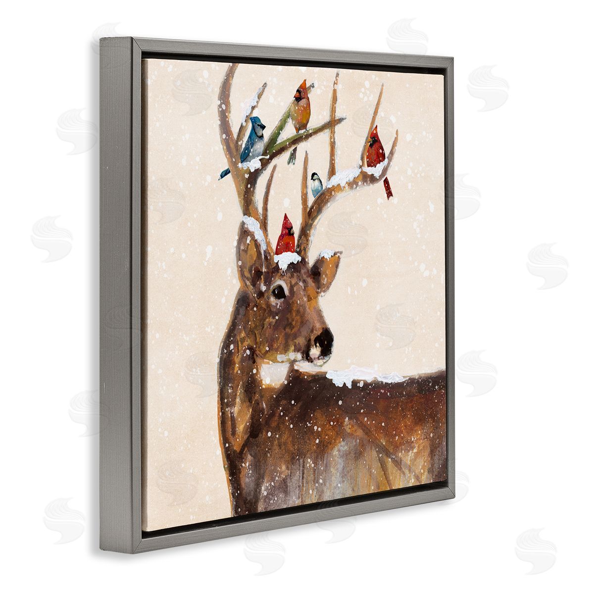 Ruane Manning Cardinals Perched Snowy Antlers Gray Floating Frame Canvas Wall Art Print