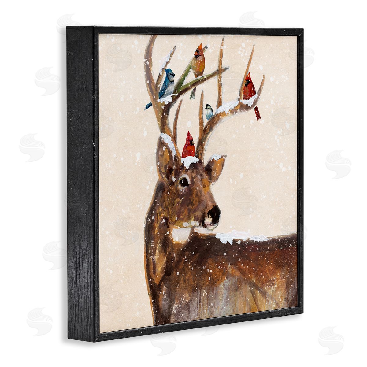 Ruane Manning Cardinals Perched Snowy Antlers Black Framed Glicee Wall Art Print