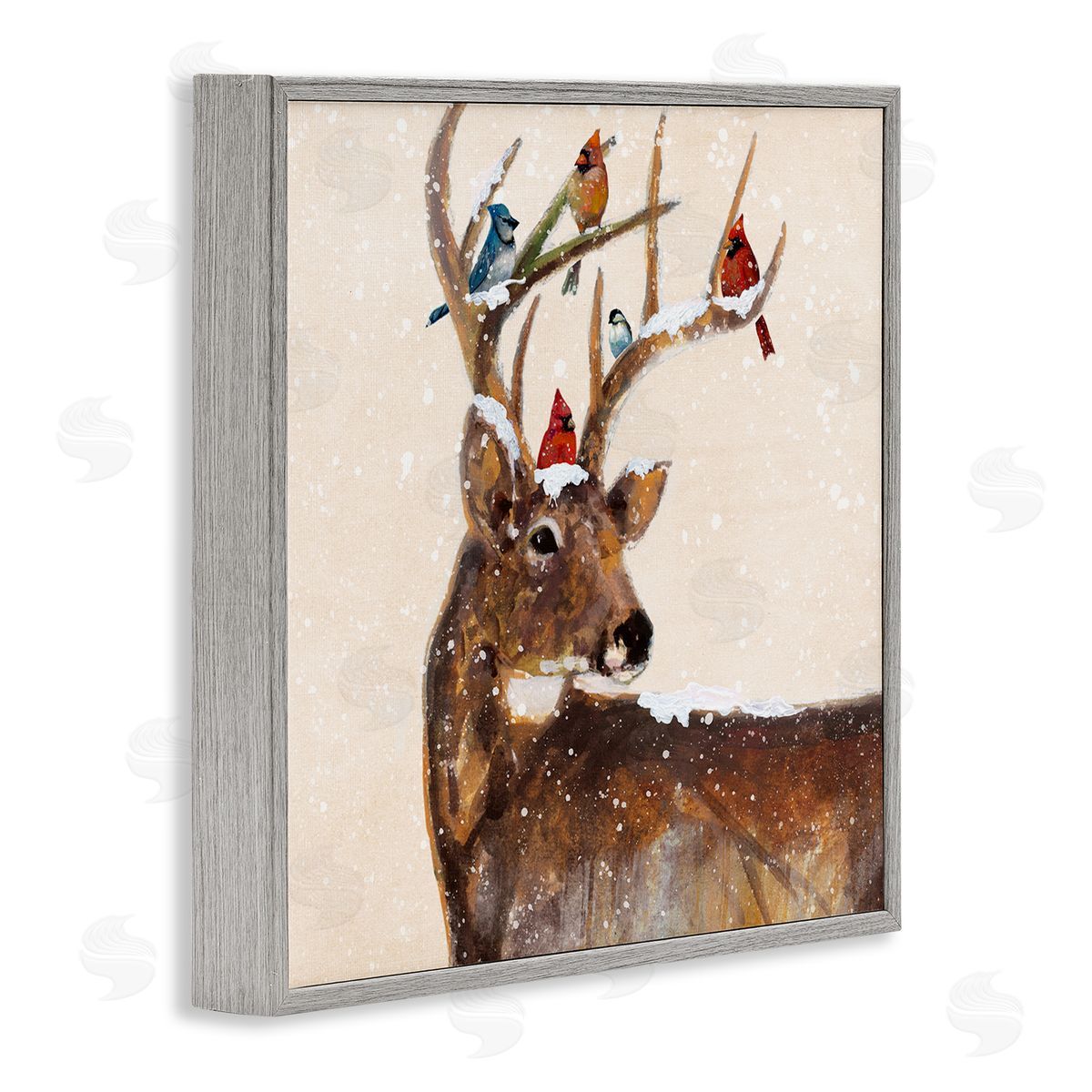 Ruane Manning Cardinals Perched Snowy Antlers Gray Framed Glicee Wall Art Print
