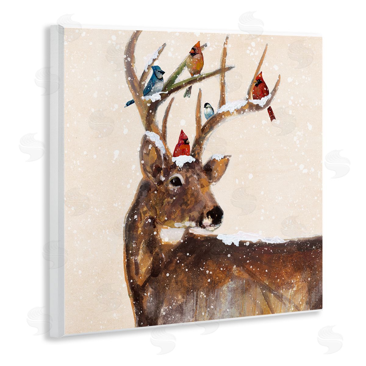 Ruane Manning Cardinals Perched Snowy Antlers Wooden Wall Plaque Art Print