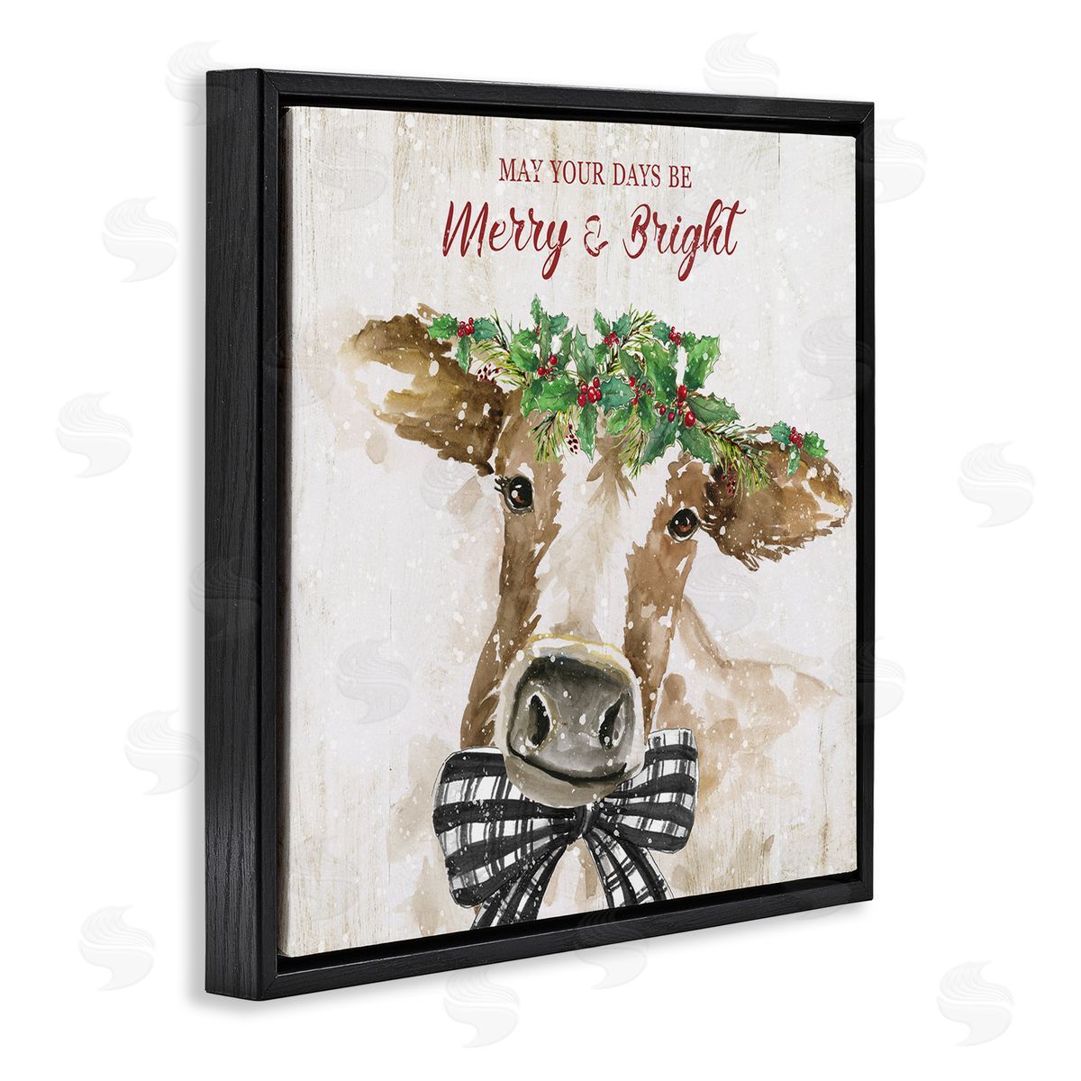 Nan Merry & Bright Holiday Cattle Black Floating Frame Canvas Wall Art Print