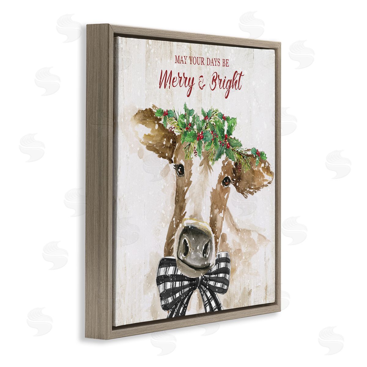 Nan Merry & Bright Holiday Cattle Brown Floating Frame Canvas Wall Art Print