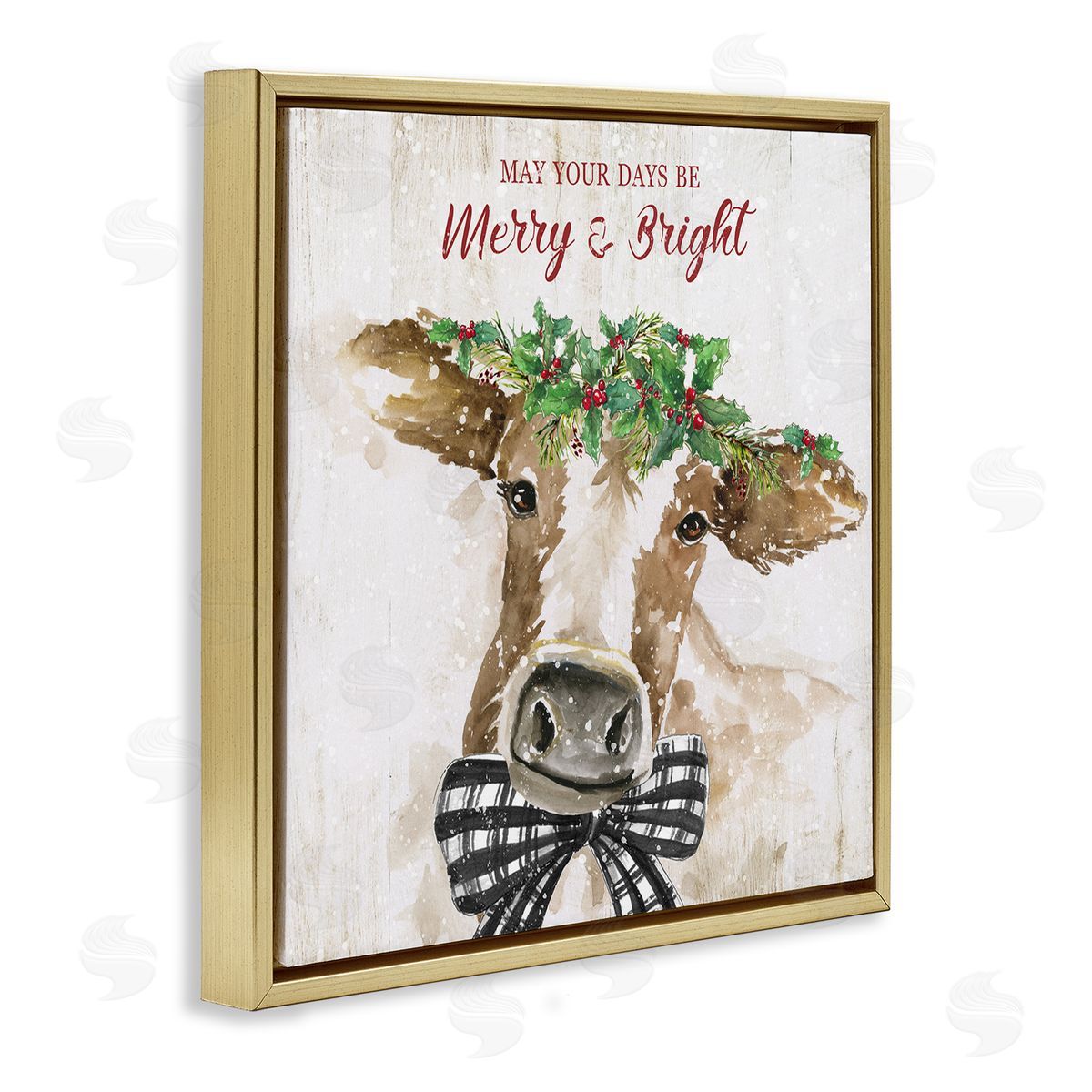 Nan Merry & Bright Holiday Cattle Gold Floating Frame Canvas Wall Art Print
