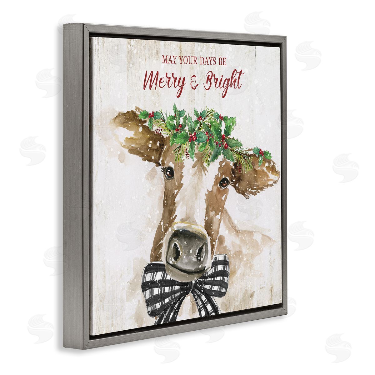 Nan Merry & Bright Holiday Cattle Gray Floating Frame Canvas Wall Art Print