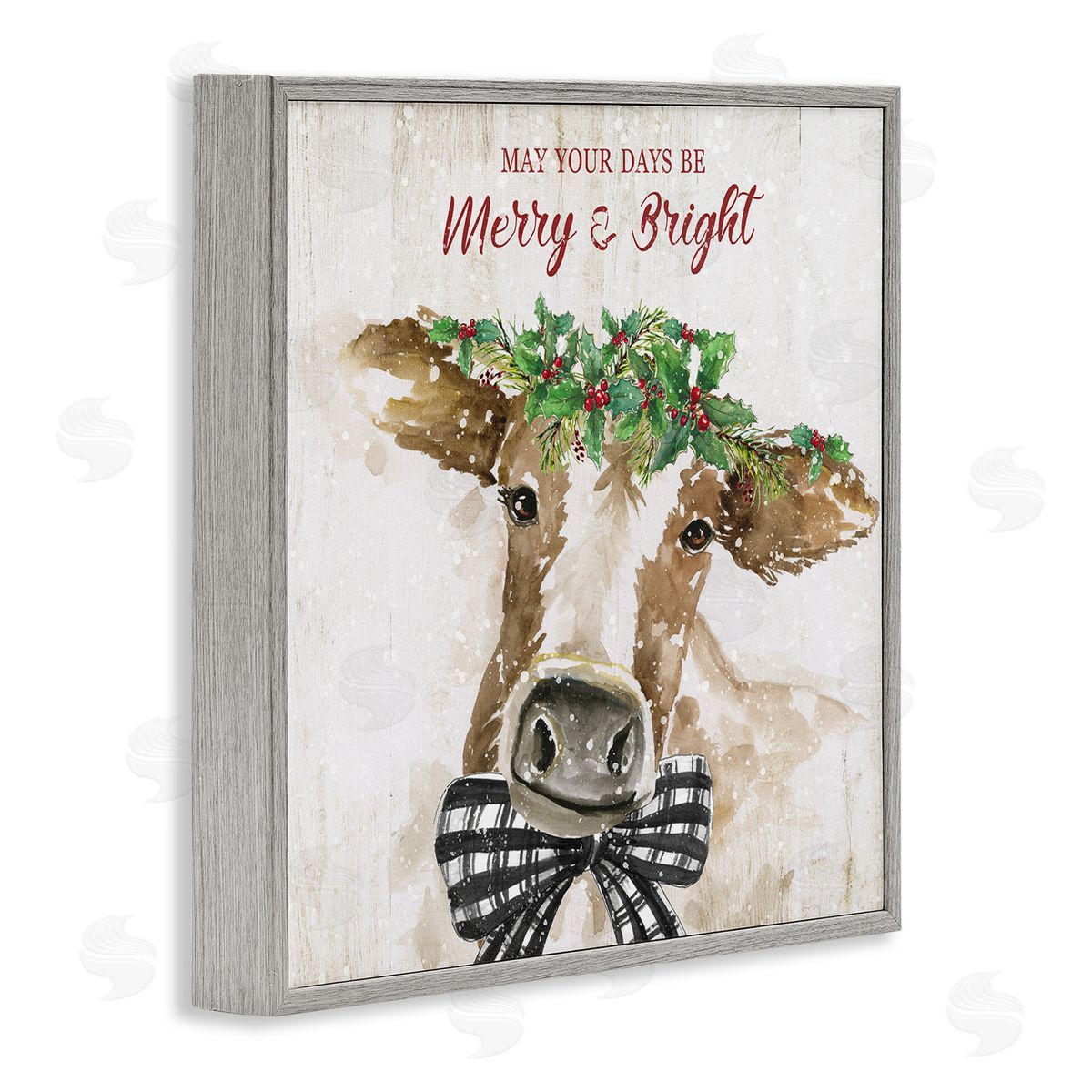Nan Merry & Bright Holiday Cattle Gray Framed Glicee Wall Art Print