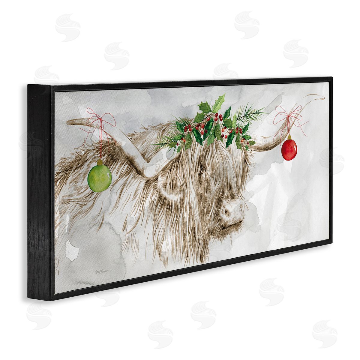 Carol Robinson Cattle with Christmas Ornaments Black Framed Glicee Wall Art Print
