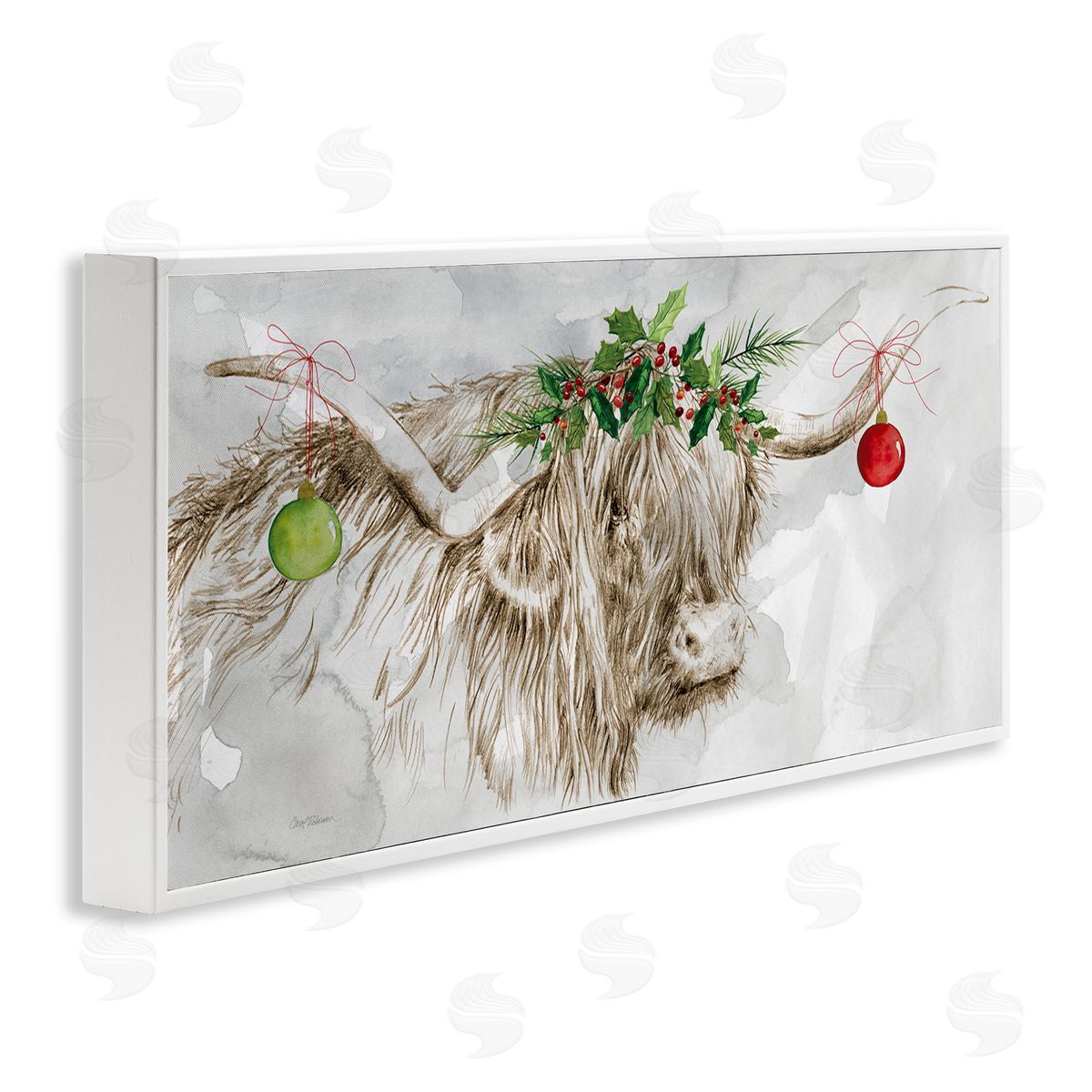 Carol Robinson Cattle with Christmas Ornaments White Framed Glicee Wall Art Print