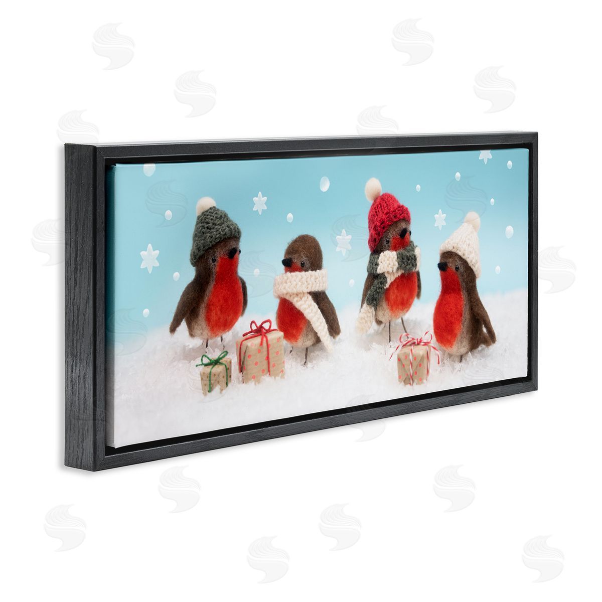 Lemon & Sugar Birds & Christmas Gifts Snowflakes Black Floating Frame Canvas Wall Art Print