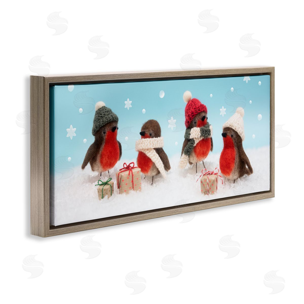 Lemon & Sugar Birds & Christmas Gifts Snowflakes Brown Floating Frame Canvas Wall Art Print
