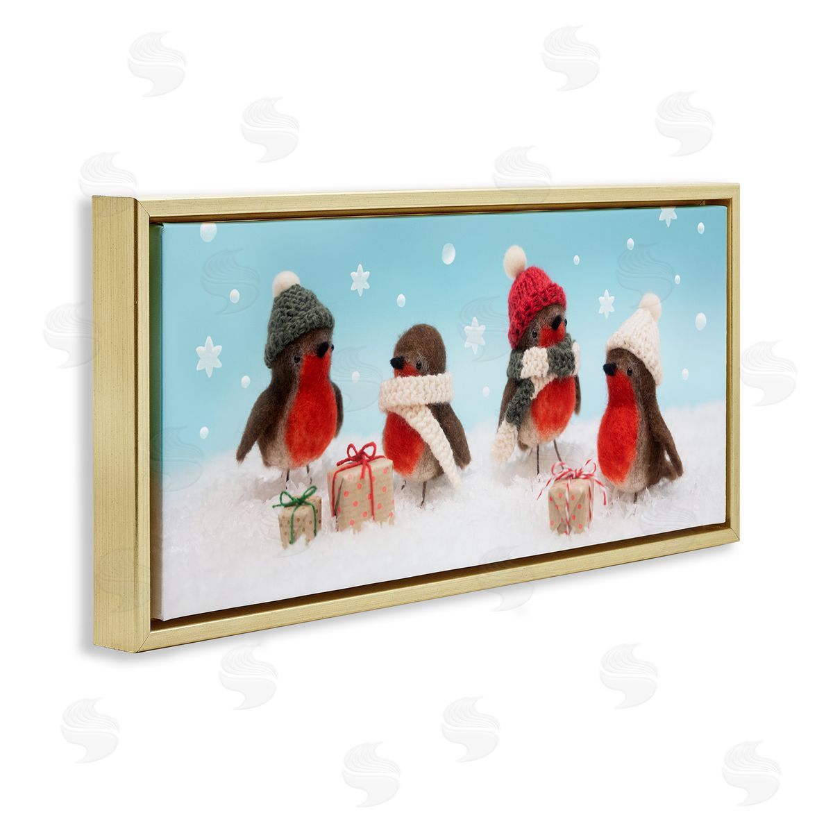 Lemon & Sugar Birds & Christmas Gifts Snowflakes Gold Floating Frame Canvas Wall Art Print