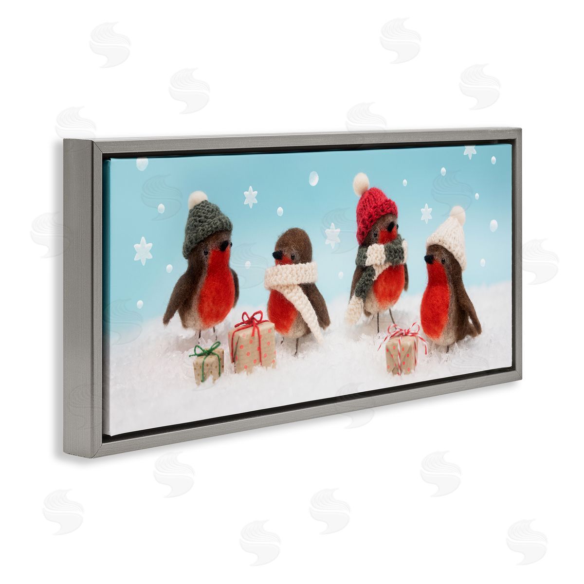 Lemon & Sugar Birds & Christmas Gifts Snowflakes Gray Floating Frame Canvas Wall Art Print