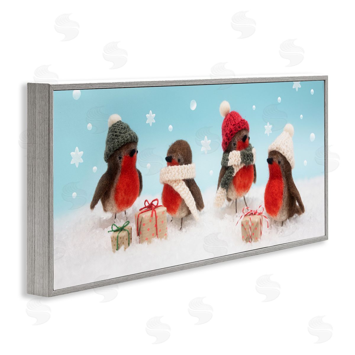 Lemon & Sugar Birds & Christmas Gifts Snowflakes Gray Framed Glicee Wall Art Print