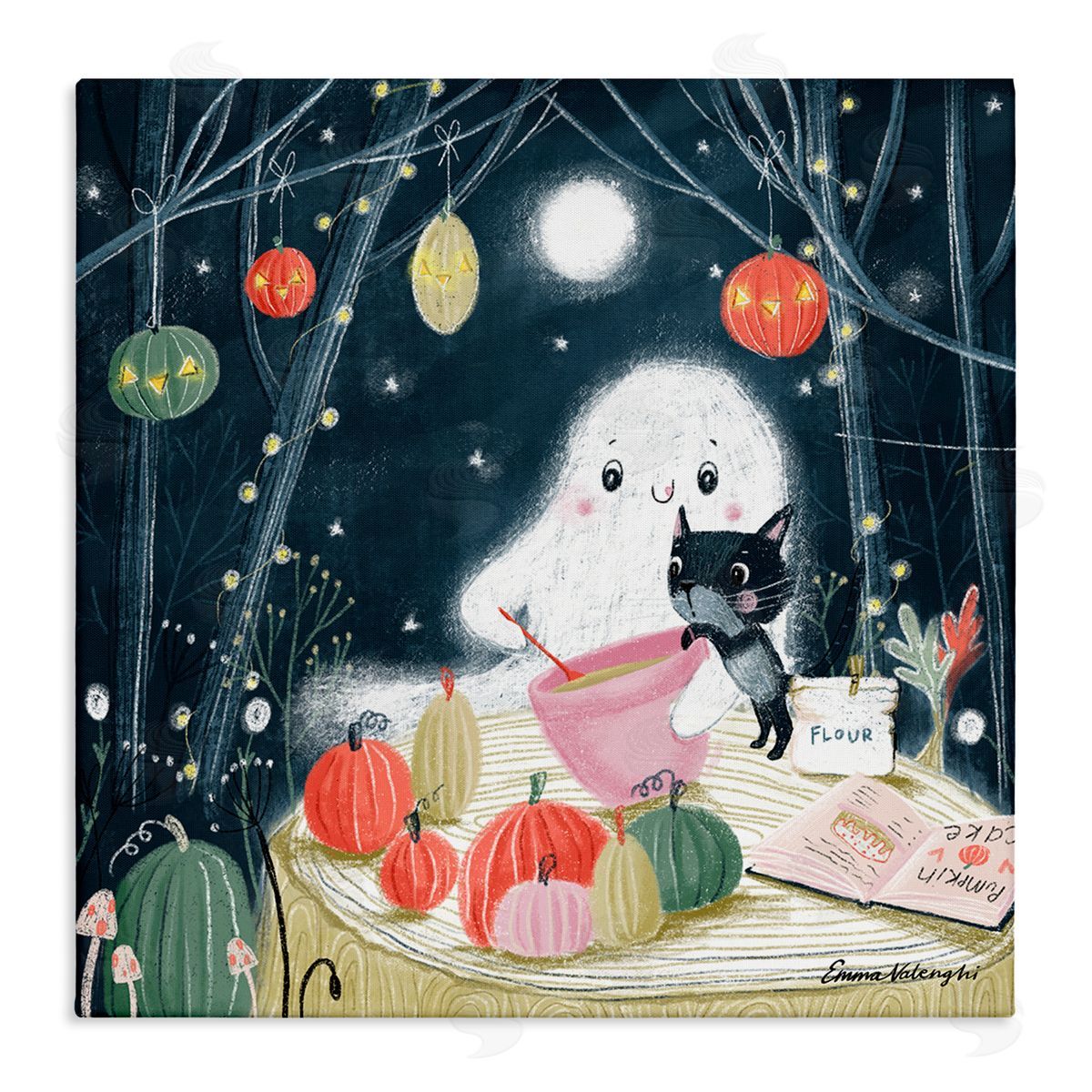 Emma Valenghi Cat & Ghost Baking Pumpkin Cake Stretched Canvas Wall Art Print