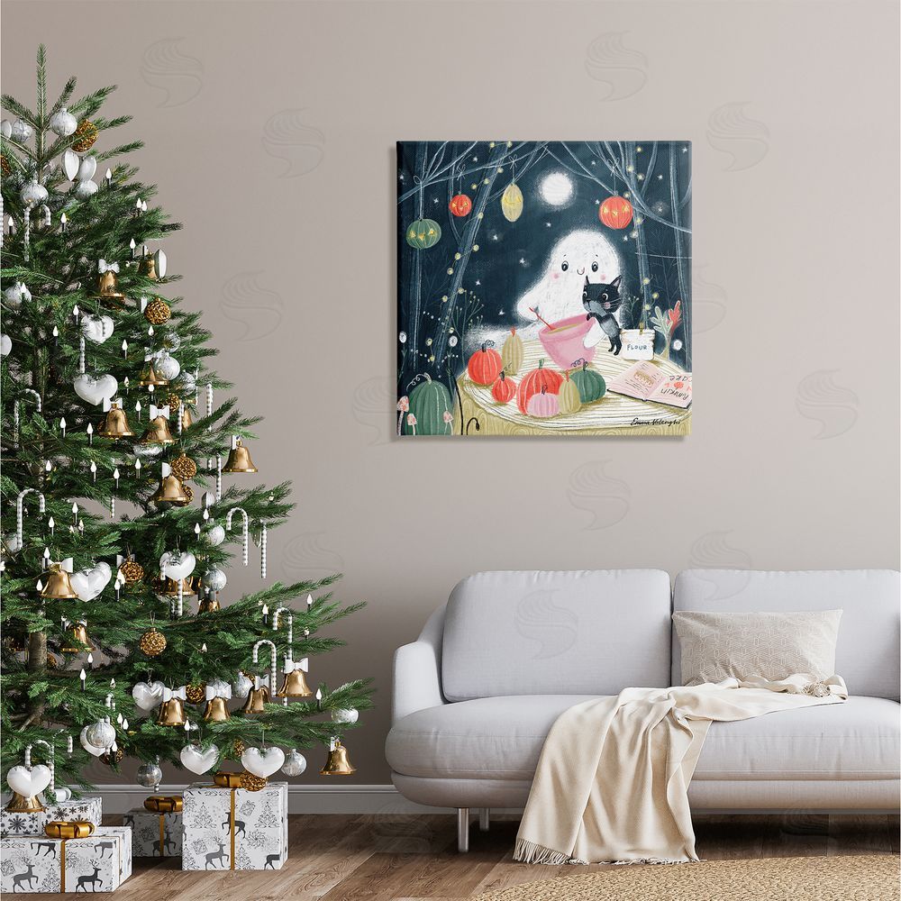 Emma Valenghi Cat & Ghost Baking Pumpkin Cake Canvas Wall Art in Room