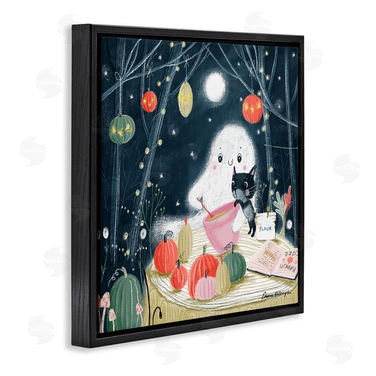 Emma Valenghi Cat & Ghost Baking Pumpkin Cake Black Floating Frame Canvas Wall Art Print