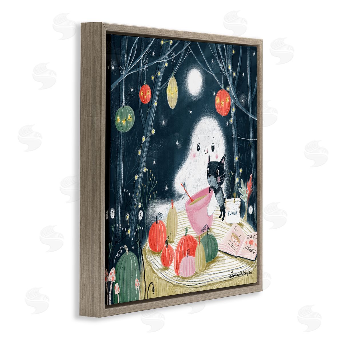 Emma Valenghi Cat & Ghost Baking Pumpkin Cake Brown Floating Frame Canvas Wall Art Print