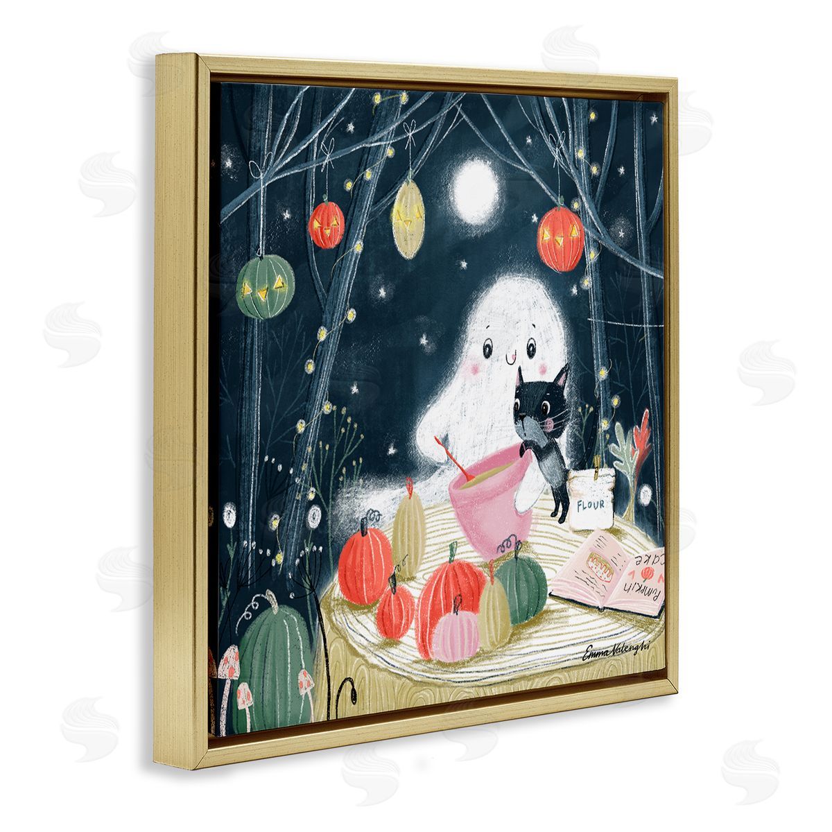 Emma Valenghi Cat & Ghost Baking Pumpkin Cake Gold Floating Frame Canvas Wall Art Print