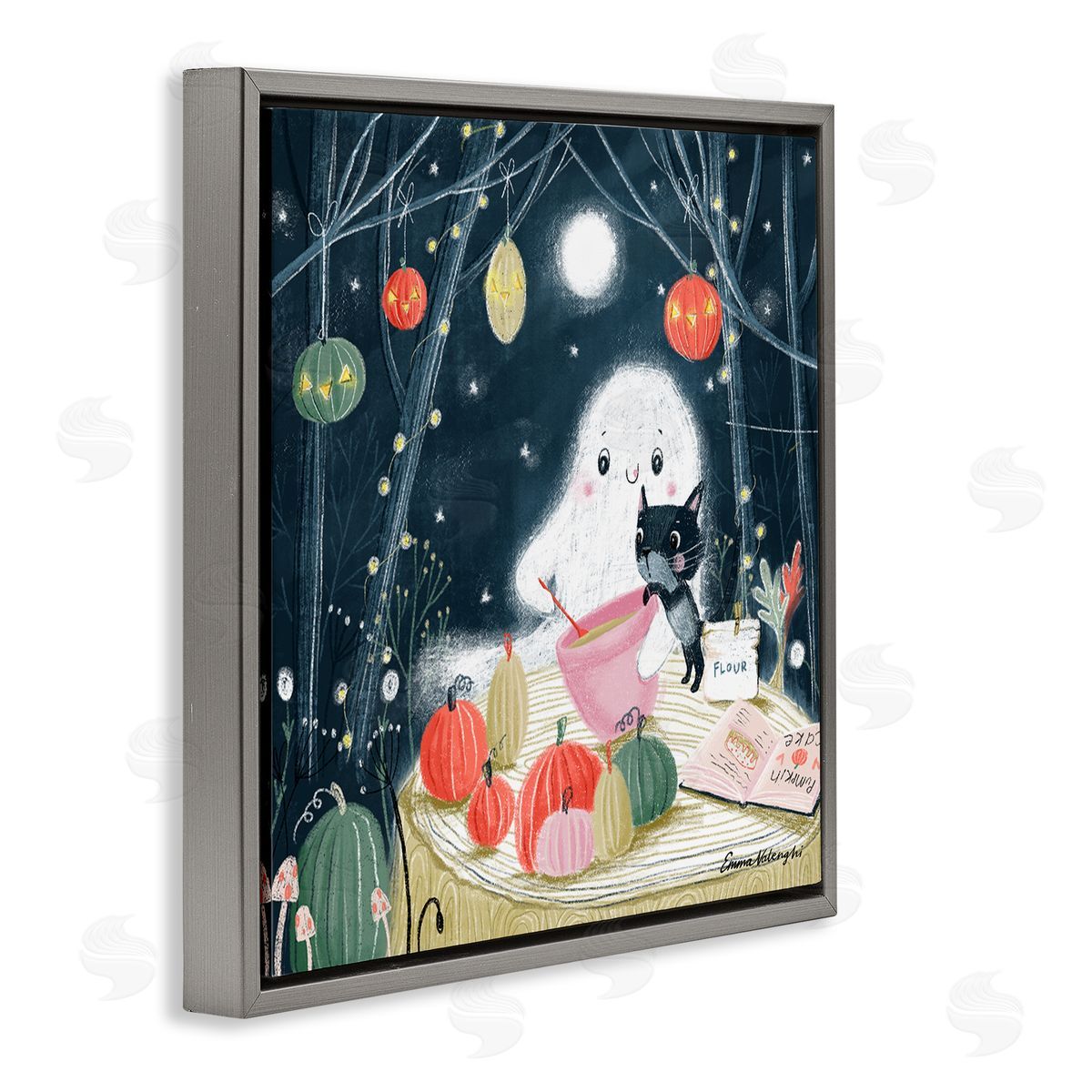 Emma Valenghi Cat & Ghost Baking Pumpkin Cake Gray Floating Frame Canvas Wall Art Print