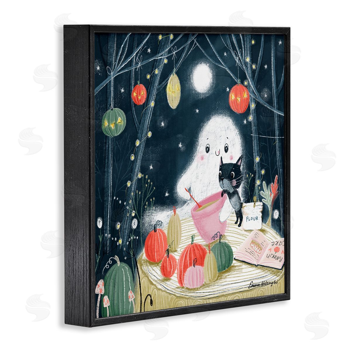 Emma Valenghi Cat & Ghost Baking Pumpkin Cake Black Framed Glicee Wall Art Print