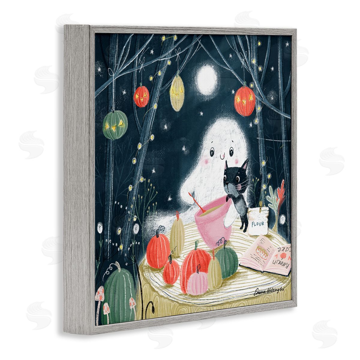 Emma Valenghi Cat & Ghost Baking Pumpkin Cake Gray Framed Glicee Wall Art Print