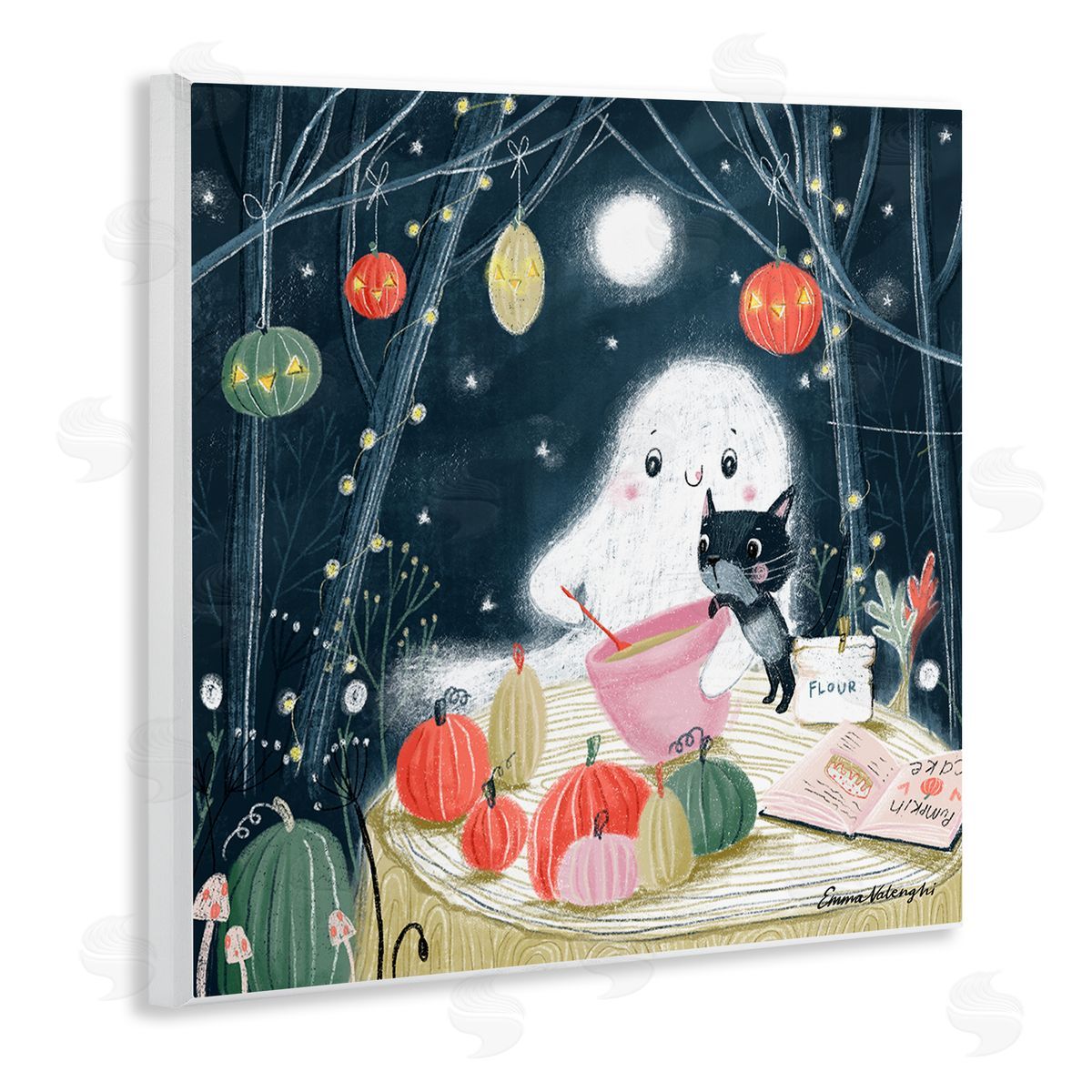 Emma Valenghi Cat & Ghost Baking Pumpkin Cake Wooden Wall Plaque Art Print