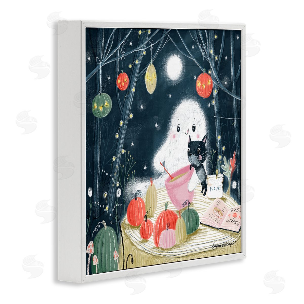 Emma Valenghi Cat & Ghost Baking Pumpkin Cake White Framed Glicee Wall Art Print