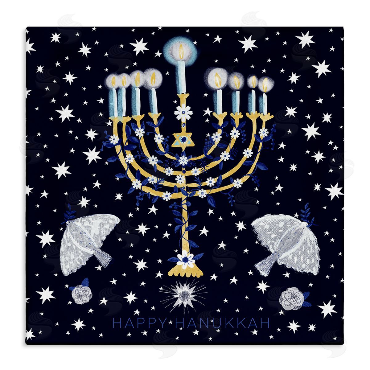 Susse Linton Happy Hanukkah Starry Menorah Stretched Canvas Wall Art Print