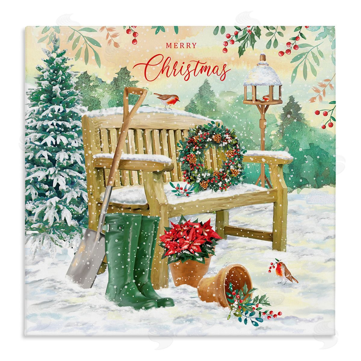 Jane Sunner Merry Christmas Winter Bench Stretched Canvas Wall Art Print