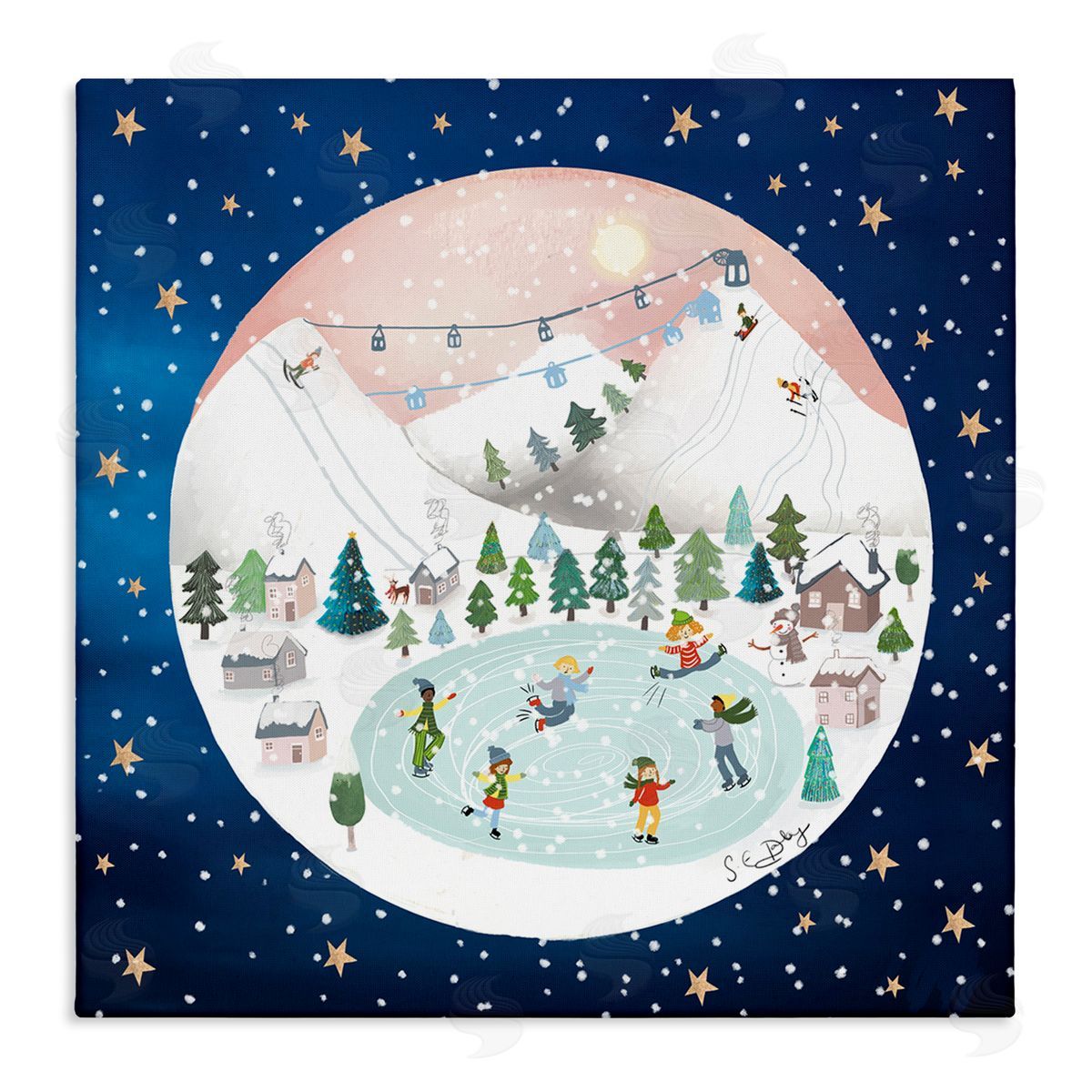 Lemon & Sugar Ice Skating Christmas Snow Scene Stretched Canvas Wall Art Print