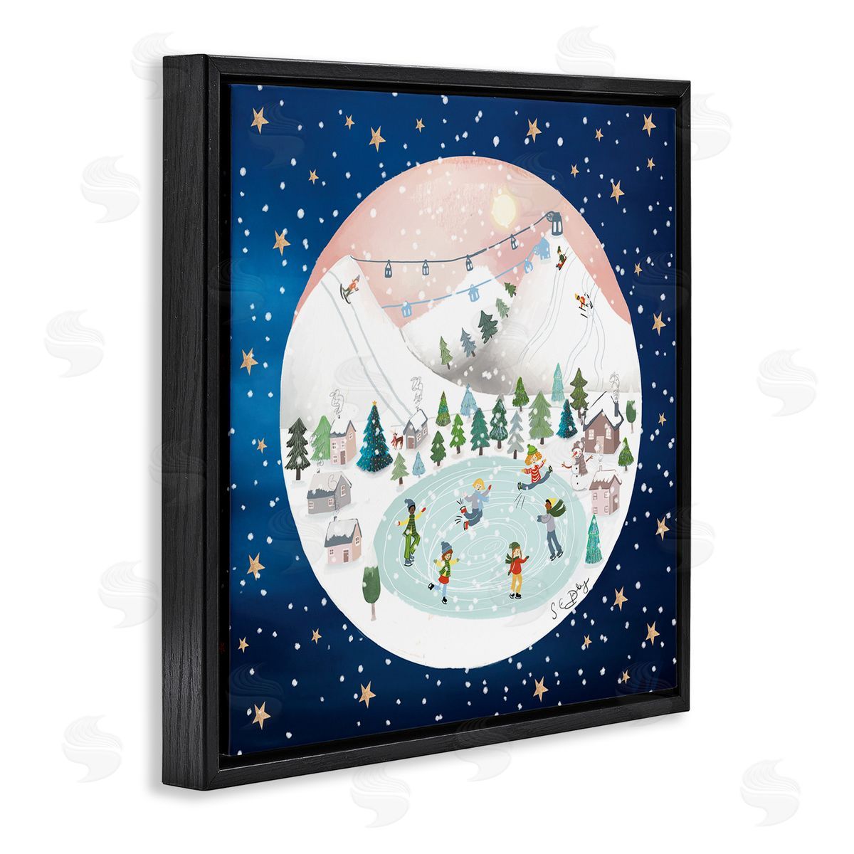 Lemon & Sugar Ice Skating Christmas Snow Scene Black Floating Frame Canvas Wall Art Print