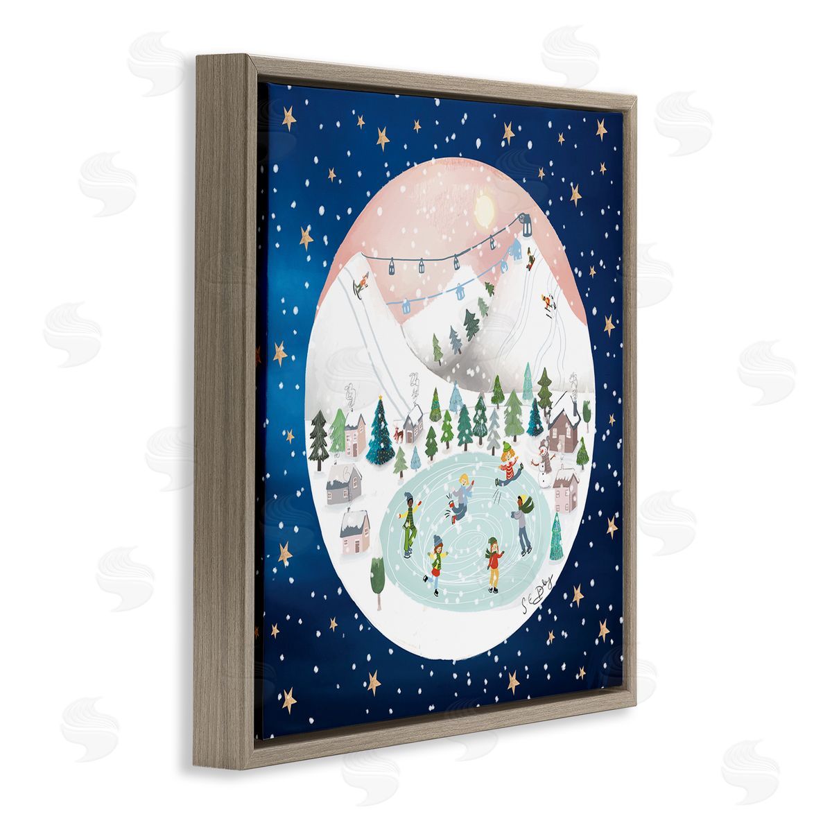 Lemon & Sugar Ice Skating Christmas Snow Scene Brown Floating Frame Canvas Wall Art Print