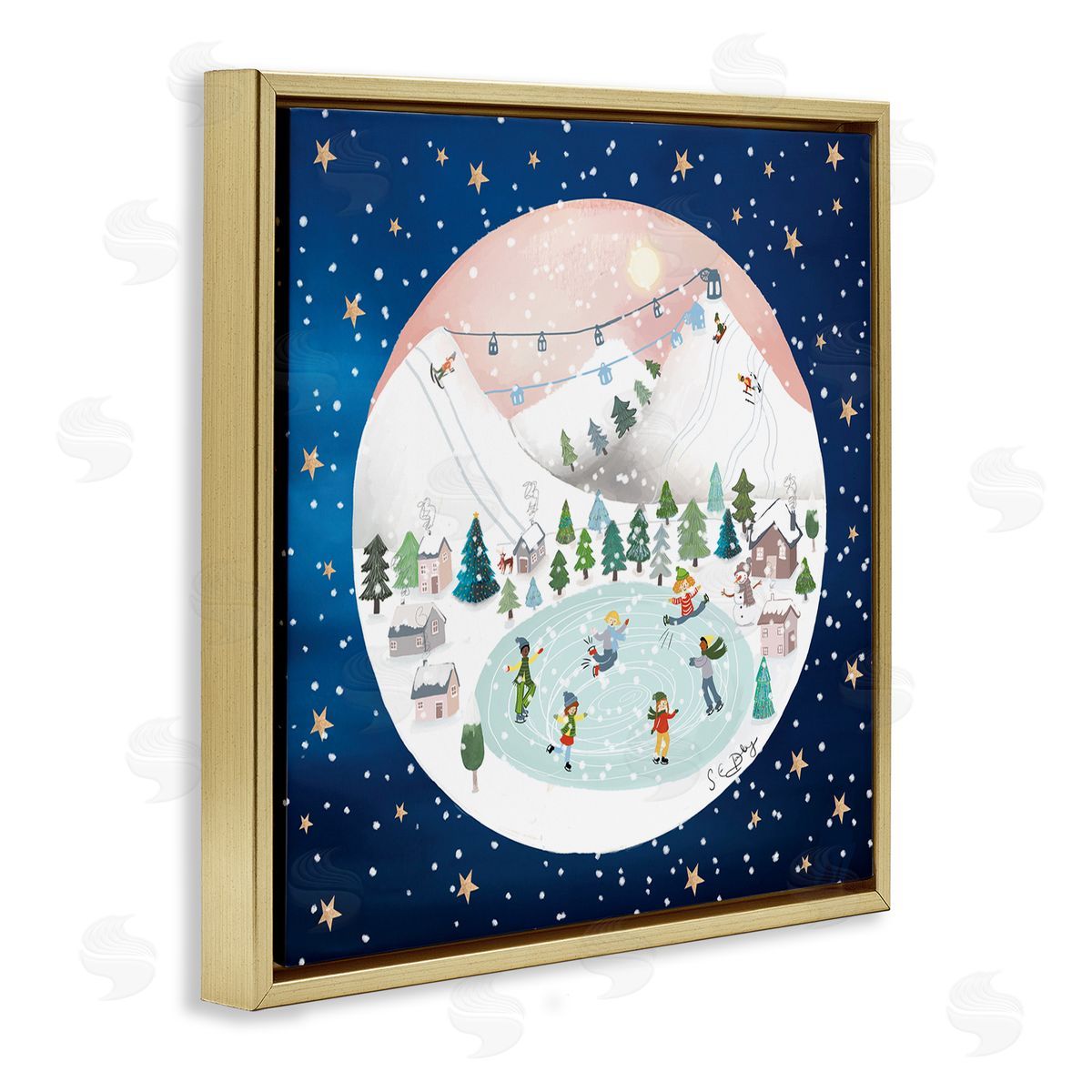 Lemon & Sugar Ice Skating Christmas Snow Scene Gold Floating Frame Canvas Wall Art Print