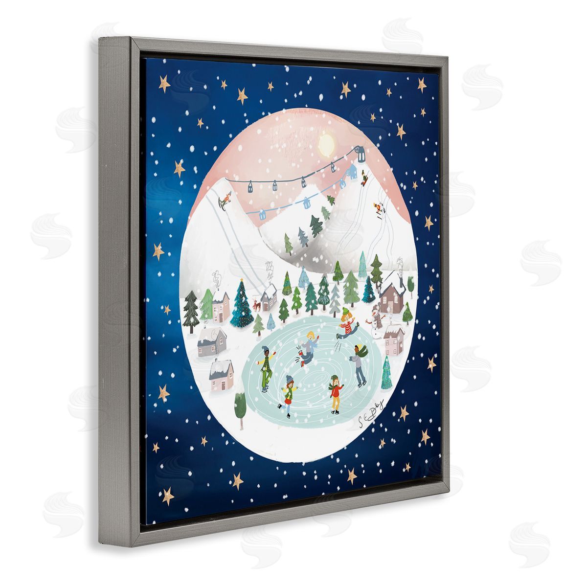 Lemon & Sugar Ice Skating Christmas Snow Scene Gray Floating Frame Canvas Wall Art Print