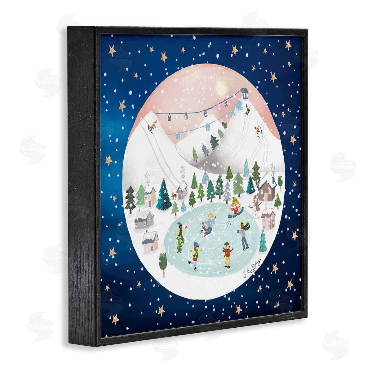 Lemon & Sugar Ice Skating Christmas Snow Scene Black Framed Glicee Wall Art Print