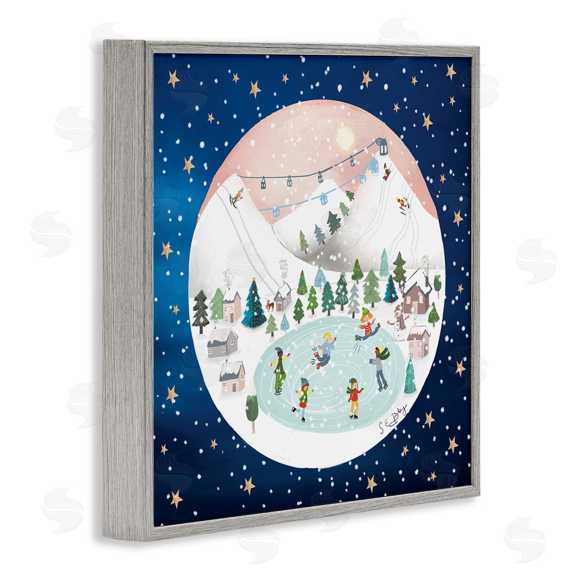 Lemon & Sugar Ice Skating Christmas Snow Scene Gray Framed Glicee Wall Art Print