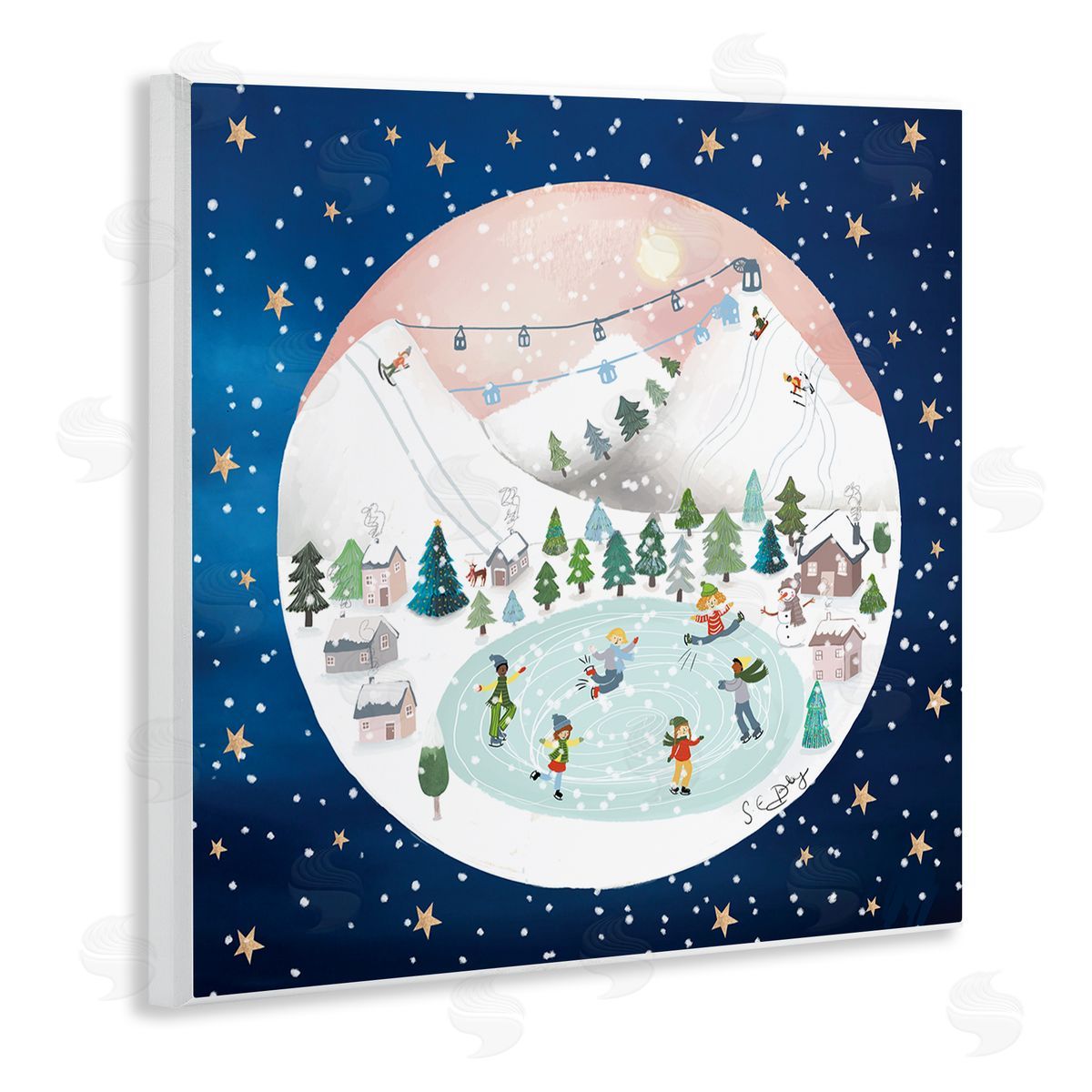 Lemon & Sugar Ice Skating Christmas Snow Scene Wooden Wall Plaque Art Print