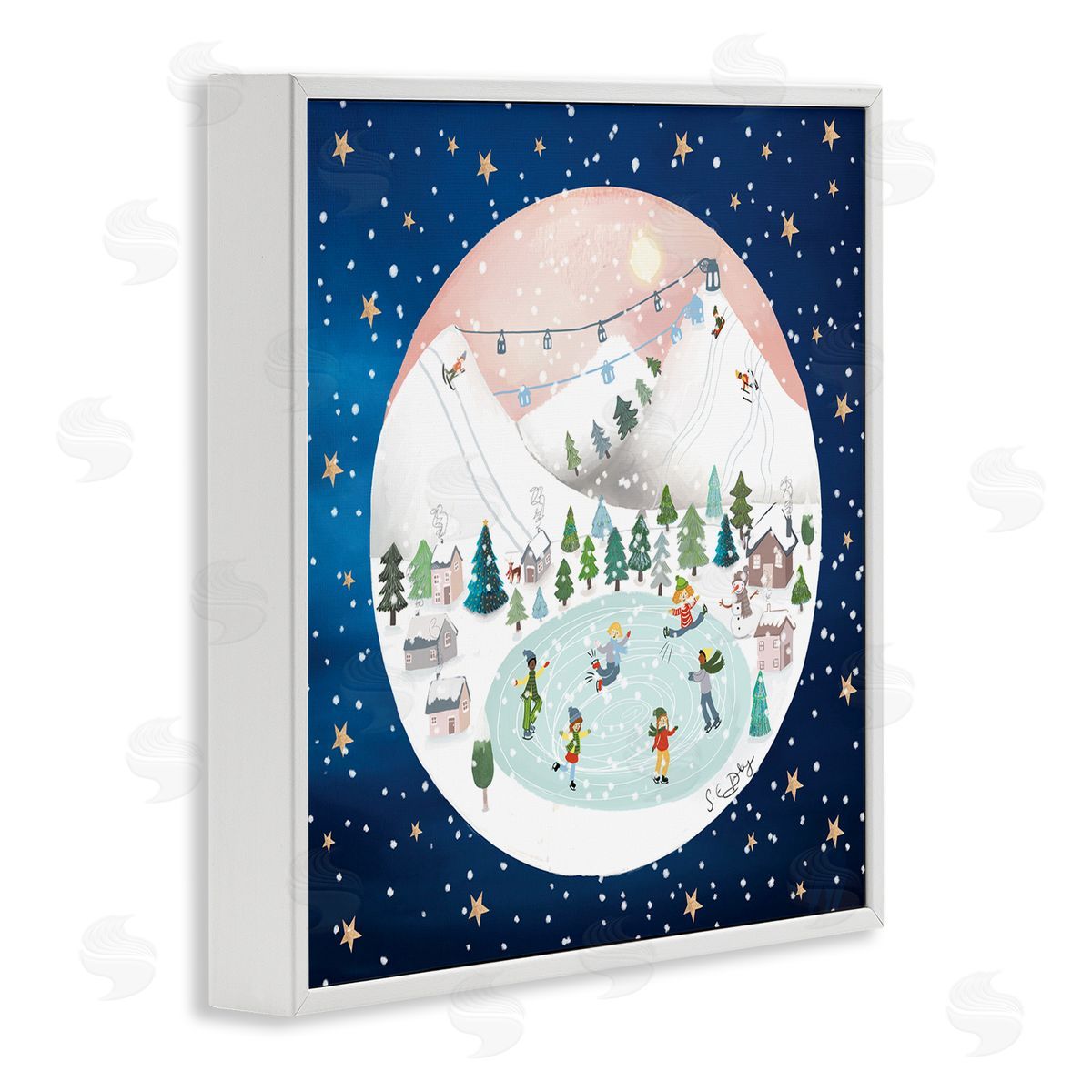 Lemon & Sugar Ice Skating Christmas Snow Scene White Framed Glicee Wall Art Print
