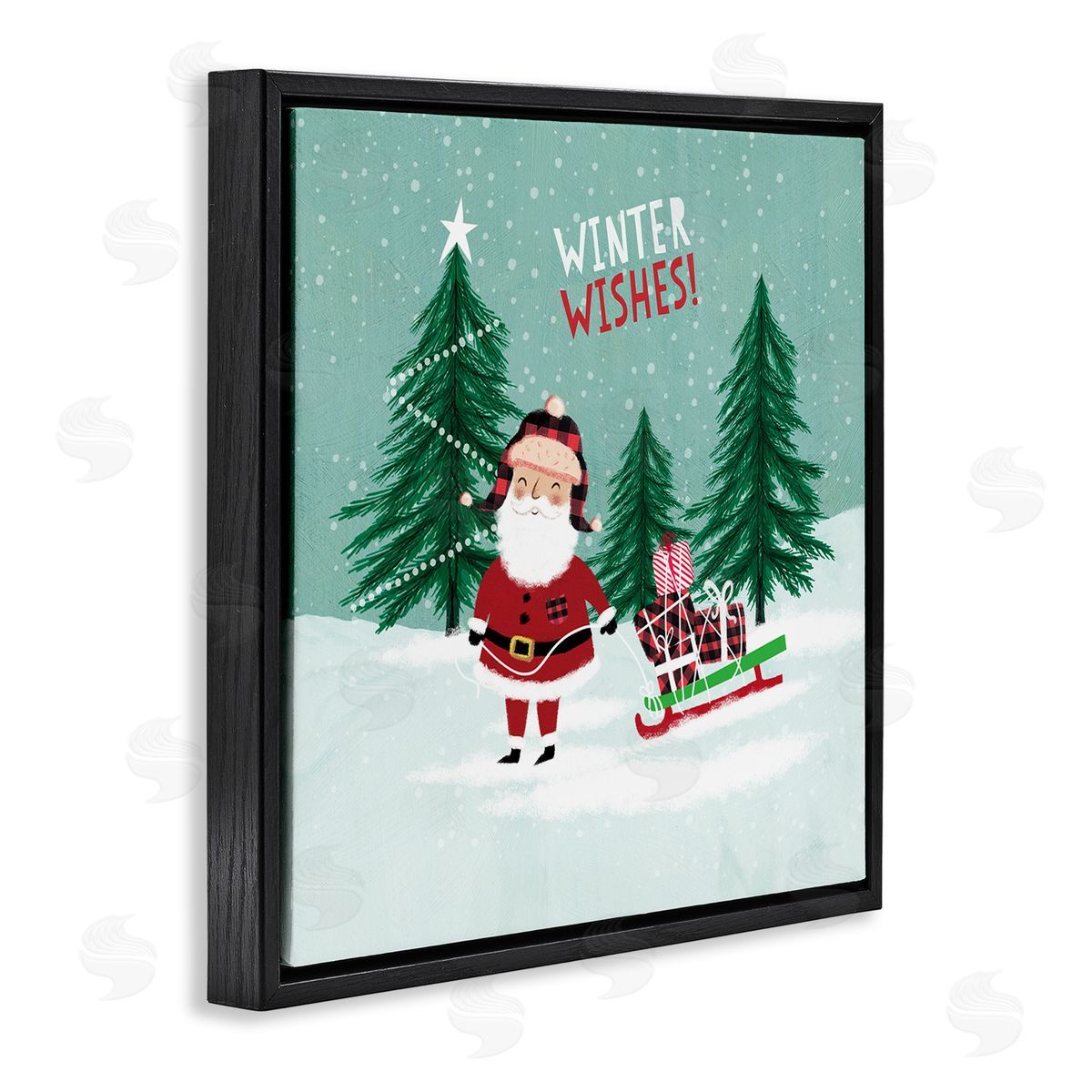Pan Georgiou Winter Wishes Santa Claus & Sled  Black Floating Frame Canvas Wall Art Print