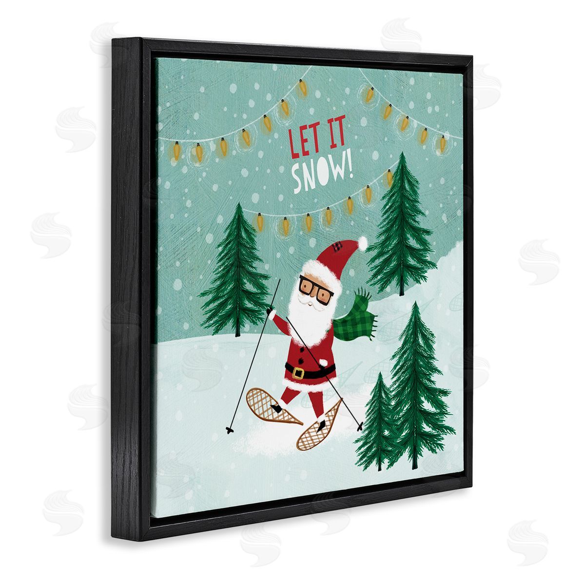 Pan Georgiou Let It Snow Santa Snowshoeing Black Floating Frame Canvas Wall Art Print