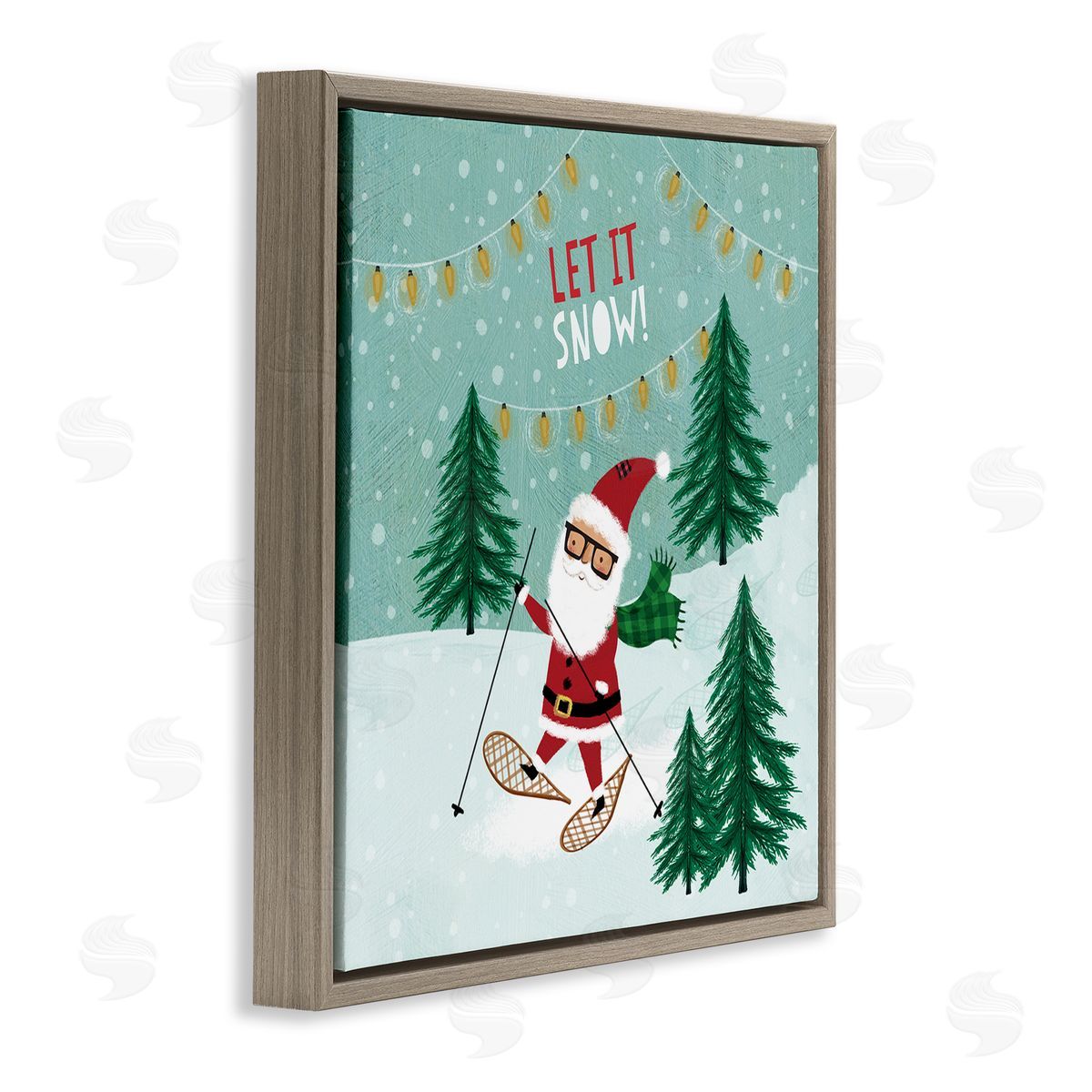 Pan Georgiou Let It Snow Santa Snowshoeing Brown Floating Frame Canvas Wall Art Print