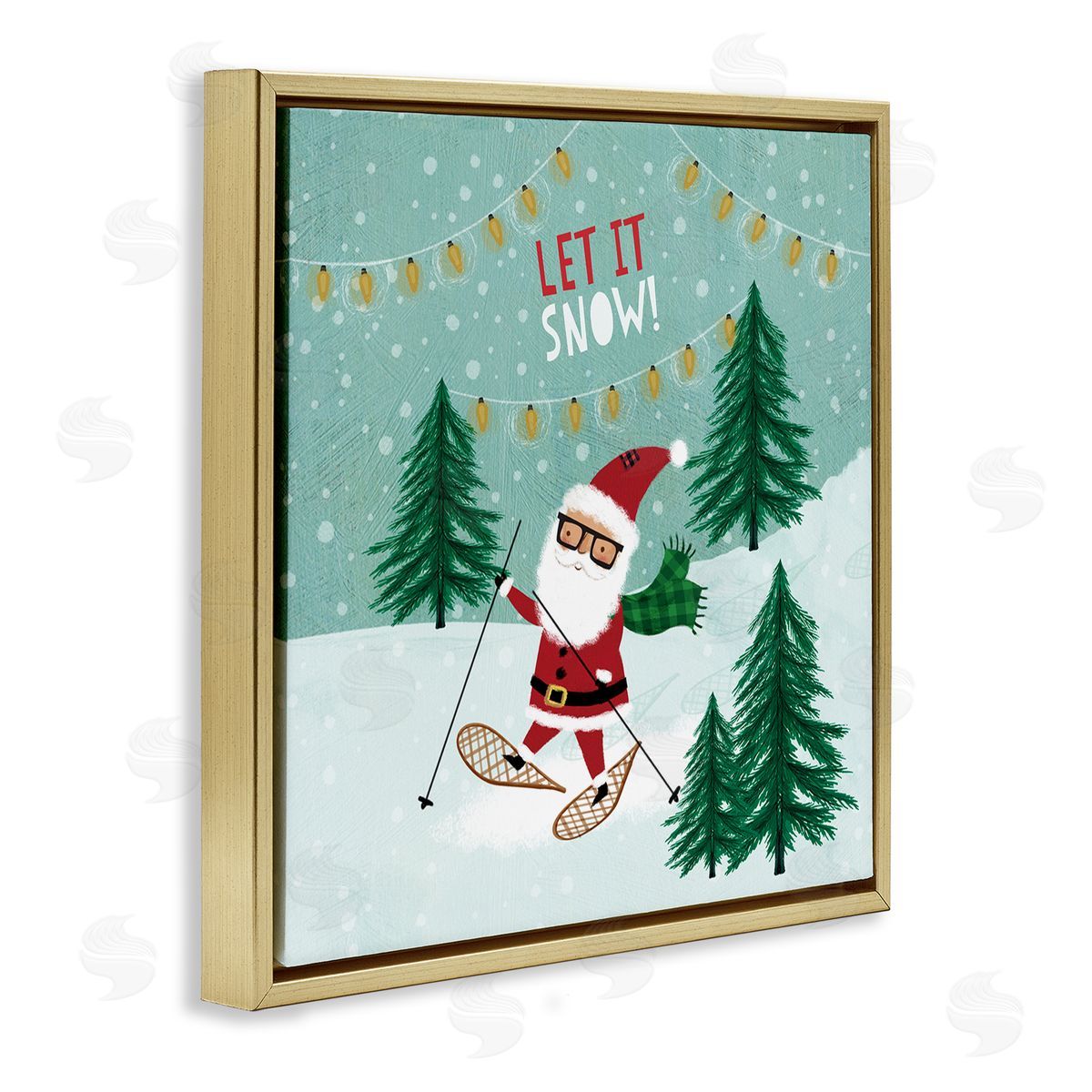 Pan Georgiou Let It Snow Santa Snowshoeing Gold Floating Frame Canvas Wall Art Print